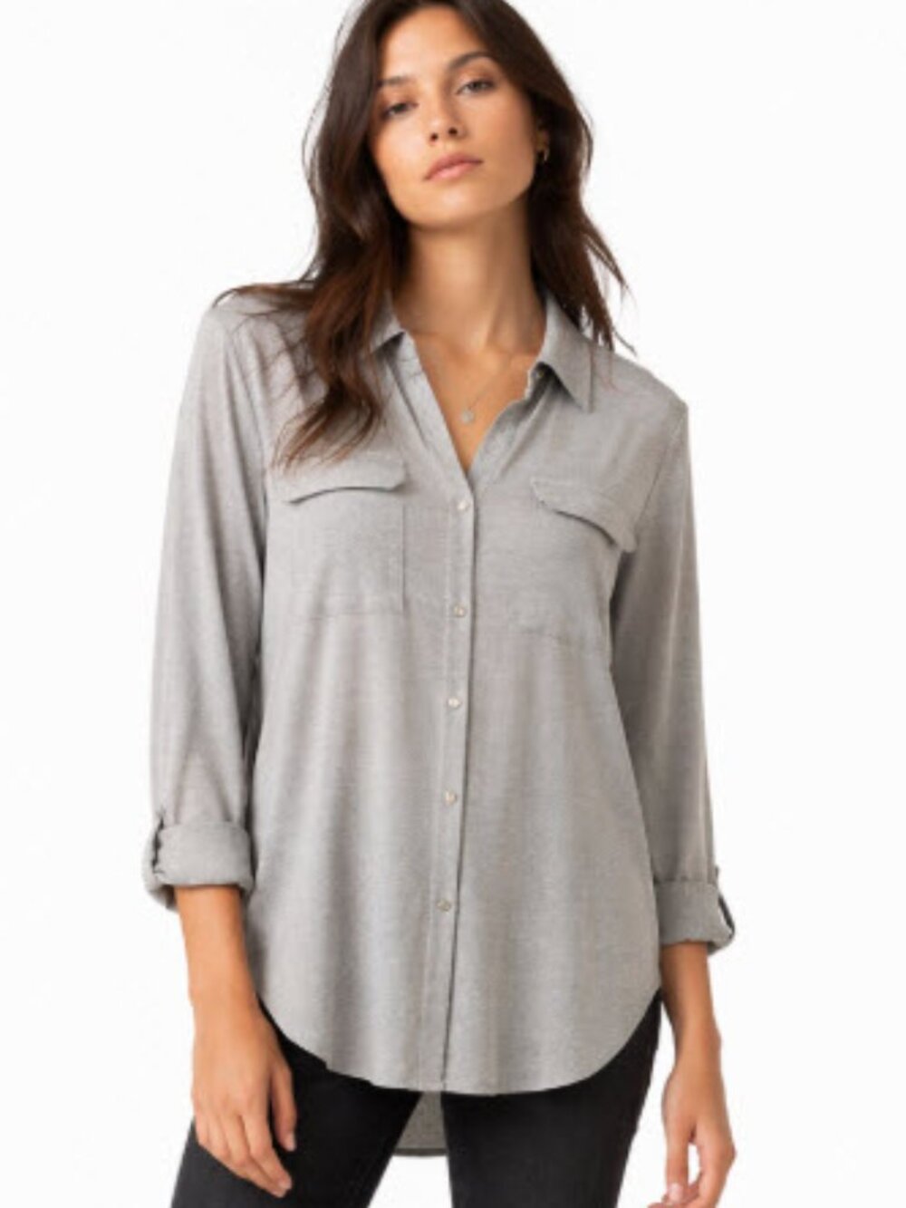 Jane & Delancy Button-Up Shirt SNAPS Roll Tab Light Grey Size Large